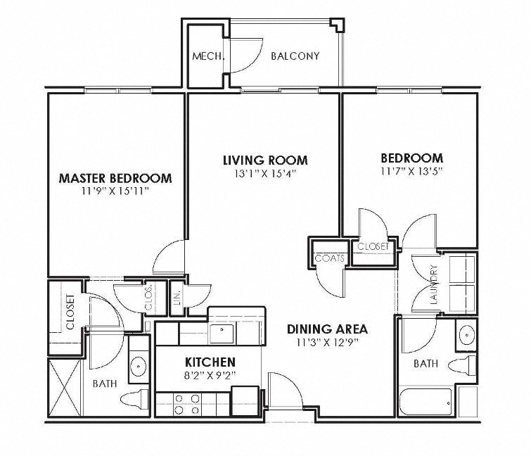 Floor plan for 2 beds, 2 baths, 1150 sqft